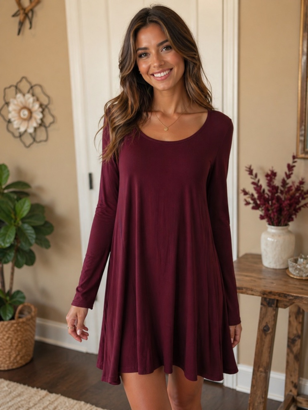 Zenana Premium Sophisticated Timeless Dress In Burgundy Long Sleeves Size Small